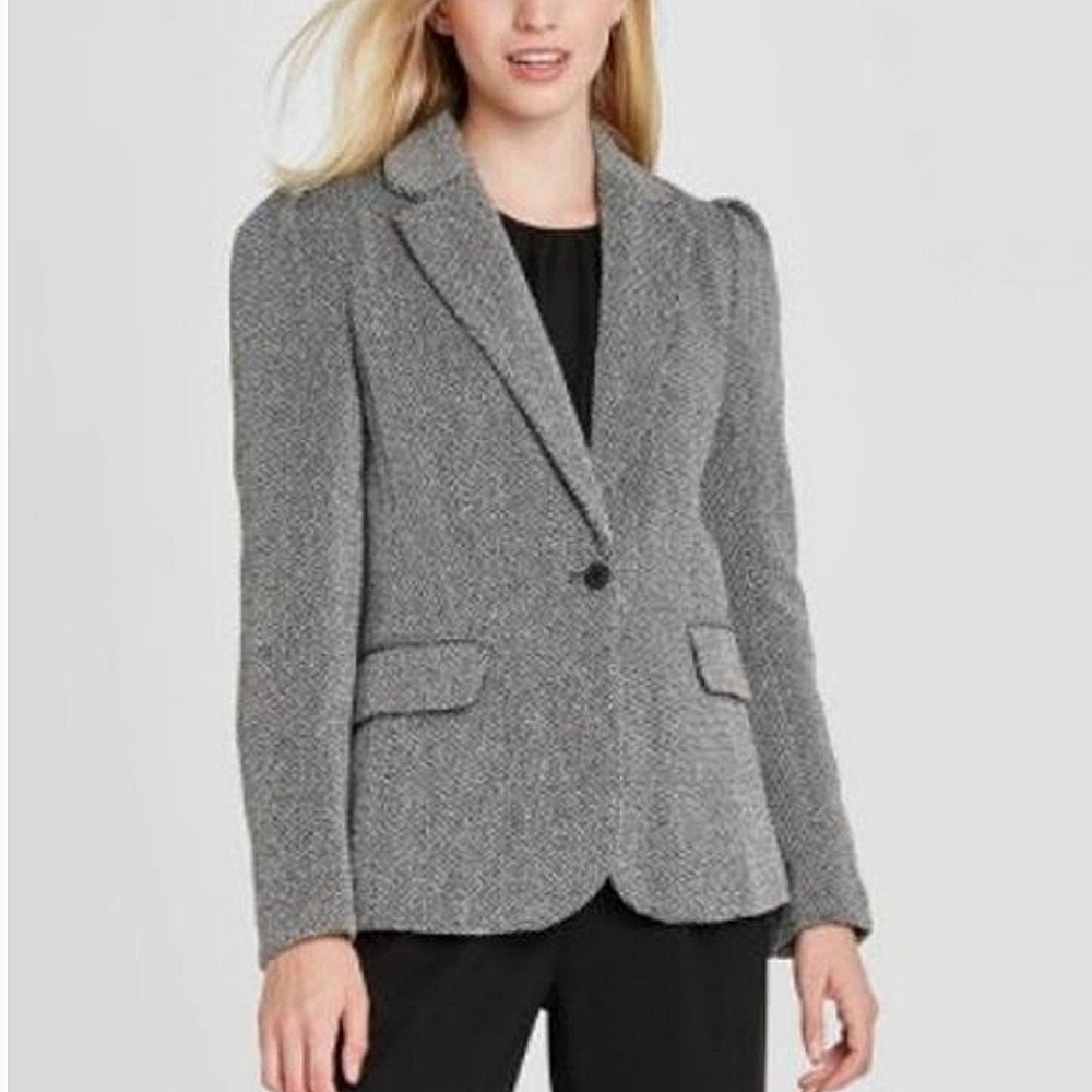 Gray puff sleeve knit blazer